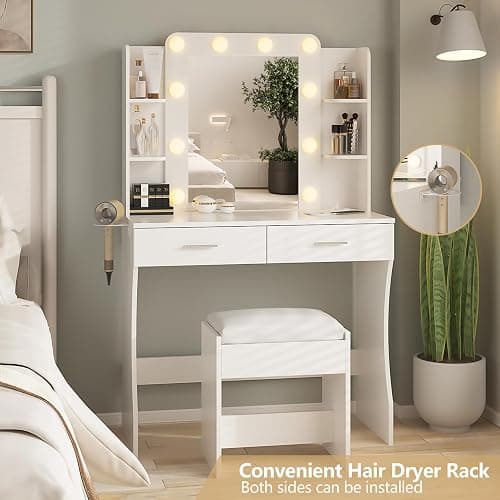 Vabches Vanity Desk with Lights,Makeup Vanity with Power Strip,Dressing Table Set with 2 Large Drawers,Vanity Mirror 3 Lighting Color Adjustable,White thumbnail 3