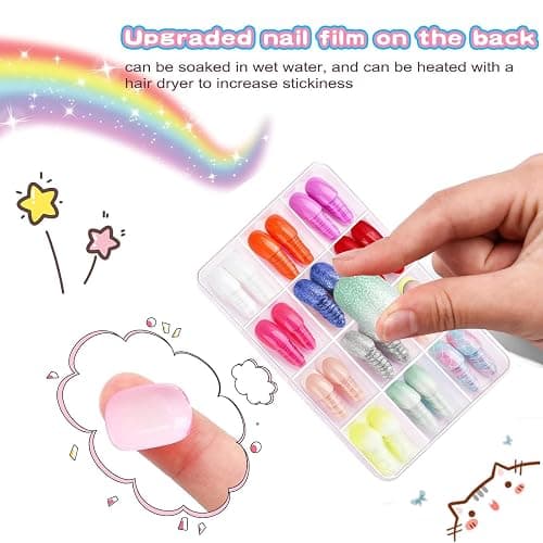 Jsiallye 288Pcs Press On Nails For Girls,12 Colors Kid Fake Nail Kit Short Press on Nails For Kids,Stick On Nails Stuff for Girls 7-12 Years,4Colors Glitter Base And Multicolo French Tip nails thumbnail 3