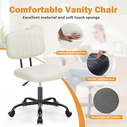 Sweetcrispy Small Office Computer Desk Chair with Wheels and Lumbar Support, Comfy Cute Armlees PU Leather Vanity Rolling Swuvel Task Chair No Arm for Adult, Student - Beige White thumbnail 3