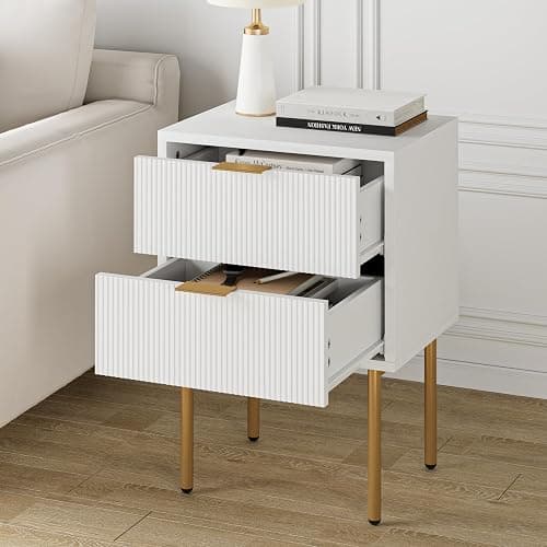 Masupu Nightstand,Mid-Century Modern Bedside Table with 2 Storage Drawer,Small Gold Frame Side End Table for Bedroom,Living Room, White thumbnail 7