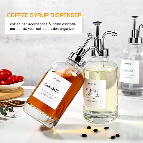 Coffee Bar Accessories,MHDCLY Coffee Syrup Dispenser - 4pack,16.9oz Syrup Dispenser with Labels ，Syrup Pump Dispenser for Coffee Bar(Silver pump) thumbnail 5