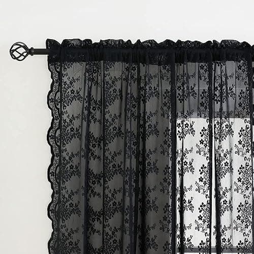 YJ YANJUN Vintage Lace Curtains 84 Inches Long-Victorian Floral Pattern Black Sheer Curtain Panels for Living Room Bedroom,Light Filtering, Gothic Witchy Halloween Drapes 2 Panels 52W x 84L thumbnail 4