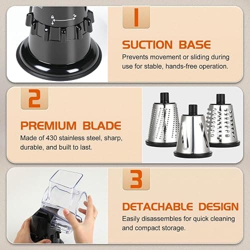 Rotary Cheese Grater Hand Crank, Vegetable Slicer with 3 Blades, Stable Suction, Labor-Saving Handle, Cheese Shredder for Potato Vegetables Nuts Chocolate, Black thumbnail 6