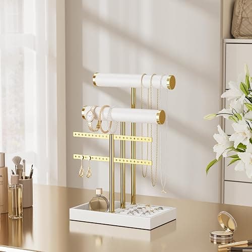 bussdis 3 Tier Bracelet Holder Display - White Leather Bracelet Holder, Detachable T Bar Jewelry Holder Organizer for Bracelet, Necklace, Earrings, Rings, Watches, Bangle thumbnail 7