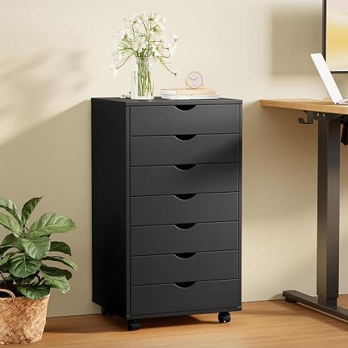 Sweetcrispy 7 Drawer Chest Mobile Storage Cabinets Wooden Dresser with Wheels Room Organization Furniture for Office Home, Black Wood thumbnail 2