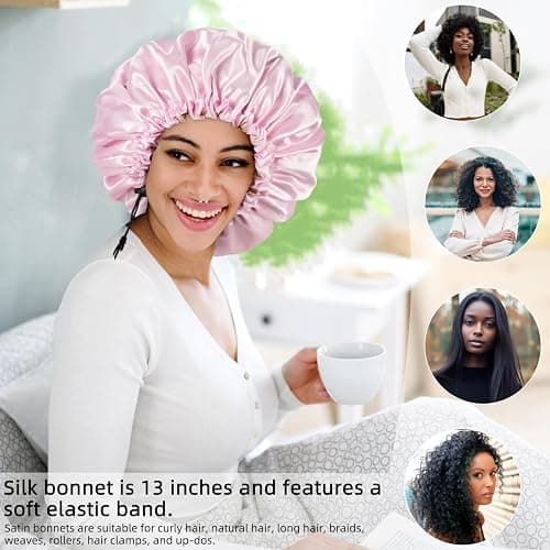 Satin Silk Bonnet For Curly Hair Bonnet Braid Bonnet For Sleeping Bonnets For Women Large Double-layer Adjustable thumbnail 4