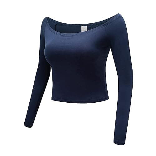 OThread & Co. Women's Off Shoulder Long Sleeve Crop Top Comfy Basic Stretch Layer Shirt thumbnail 2