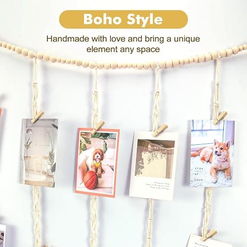 KLOGTSIND Hanging Photo Display, Macrame Wall Decor with Lights, 50 Clips | Boho Wood Beads Banner, Picture Christmas Card Holder with String Lights for Room Dorm Nursery Decor, Teenage Teen Girl Gifts thumbnail 3