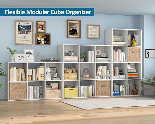 PrimeZone Stackable 9 Cube Storage Organizer: Wood Cubes Shelf Fits Cubby Bins - Square Cubicle Bookshelf Cabinet for Closet Bedroom - Open Storage Shelf for Toy Clothes Book Organization, White thumbnail 7