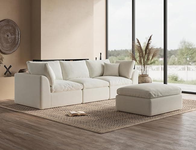 ohllob 110" Cloud Sectional Couches for Living Room, Convertible L-Shape Couch with Ottoman, 3 Seater Modular Sectional Sofa, Warm White thumbnail 6