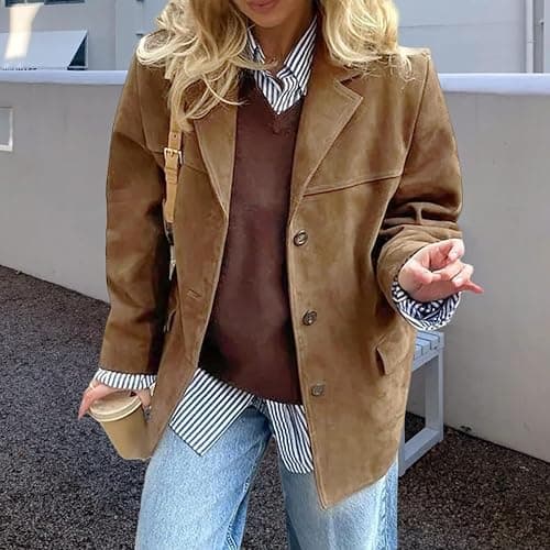 Faux Suede Jacket Women Brown Suede Jacket Faux Leather Blazer Jackets Button Down Long Sleeve Cardigan Vintage Suits thumbnail 2