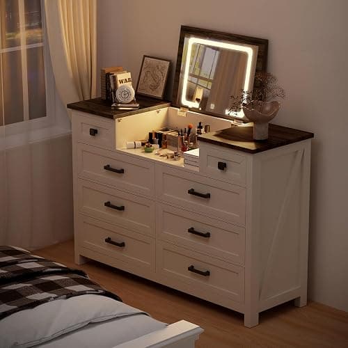 BROTTAR Dresser with Mirror for Bedroom, Chest of Drawers with LED Mirror, 8 Drawer Dresser, White Dressers for Kids, Wood Dressers, Farmhouse Makeup Vanity with Storage for Bedroom thumbnail 8