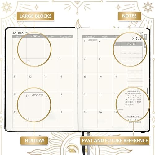 Artfan Diary 2026 - Diary 2026 a5 Week to View, January 2026 - December 2026 12 Months, Premium Leather Cover, Gold Stamp, Accordion Pocket, 25 Note Pages, Black thumbnail 3