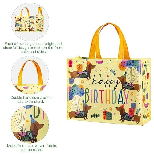 WRAPAHOLIC Large Reusable Beige Dachshund Birthday Gift Bag with Handles - 10 x 5 x 13 inch - Happy Bday Beige Dog Gift Bags for Kids Boys Girls Birthday, Pet Lovers and Shopping thumbnail 2