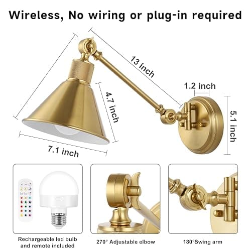 TRLIFE Rechargeable Battery Operated Wall Sconces, Dimmable and Adjustable Color Temperature Wireless Wall Sconces Set of 2 with Remote Control, Gold Swing Arm Wall Light for Bedroom Bedside Hallway thumbnail 6