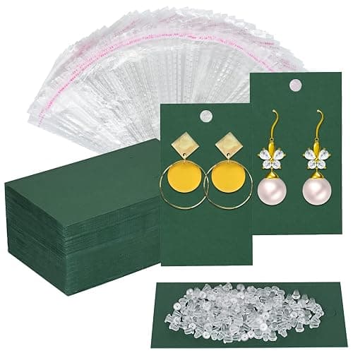 Twavang Earring Card Holder Set, 100Pcs Kraft Paper Earring Display Cards, 100 Pairs Clear Earring Backs with 100Pcs Self Adhesive Bags for Earrings Jewelry Display (Green, 3.5" x 2") - Image 1
