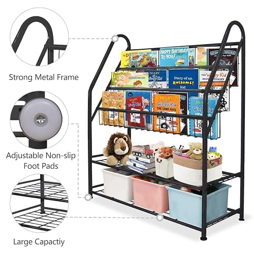 aboxoo Metal Kids Bookshelf Black Large Freestanding for Children Room 32 in Toy Organizer Large Stable Bookcase Bookstore Library Book Unit Storage Kids Bed Living Room thumbnail 6