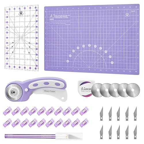 Headley Tools Rotary Cutter Set - 45mm Fabric Cutter, 5 Extra Rotary Blades, A3 Cutting Mat, Quilting Ruler and Sewing Clips, Craft Knife Set, Ideal for Crafting, Sewing, Patchworking, Purple - Image 1