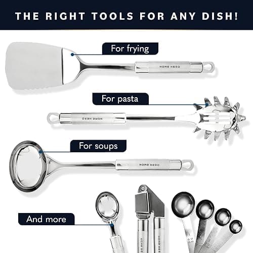 Home Hero 54-Piece Stainless Steel Kitchen Utensils Set - Heat-Resistant Nonstick Silicone & Stainless Steel Cooking Utensils - Complete Tools with Slotted Spoon & Pasta Spoon - Pack of 54, Silver thumbnail 4