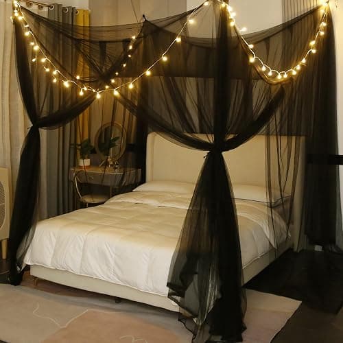 Mengersi Canopy Bed Curtains with Lights,Elegant Bed Canopy Curtains Bed Netting for Full Queen King Size Bed,Halloween Decoration,Gothic Black Room Decor Aesthetic - Image 1