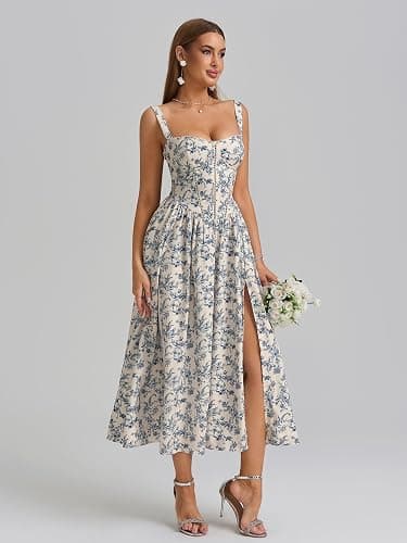 KUTUMAI Floral Corset Midi Dress Flowy Slit Summer Spring Wedding Guest Dresses for Women Sundress with Pockets thumbnail 2