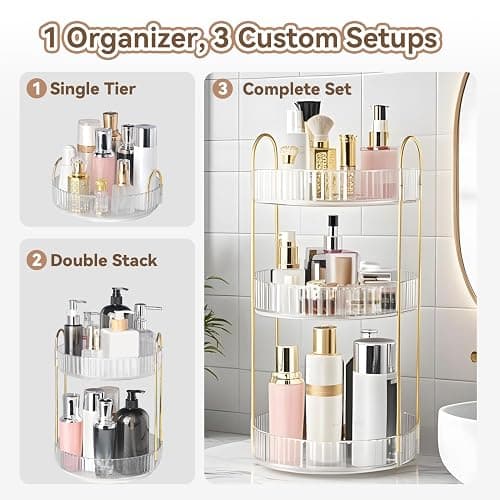 360° Rotating Makeup Organizer for Vanity, 3 Tier Perfume Organizers Skincare Organizers and Storage for Bathroom Countertop, Spinning Cosmetic Organizer for Bedroom Dresser Counter, Clear thumbnail 7