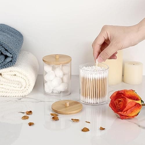 SUMTree 2 Pcs 10 Ounce Plastic Cotton Swab Holder with Bamboo Lids | Acrylic Cotton Bud Qtip Holder Dispenser Bathroom Jar Canister for Bathroom Accessories for Bathroom, Vanity, Dressing Table thumbnail 2