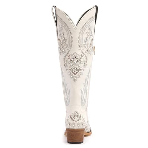 Western Cowboy Boots for Women Embroidered Rhinestones Knee High Cowgirl Boots Pointed Toe Chunky Heel Fashion Retro Classic Tall Boot - 8 - Cream thumbnail 5