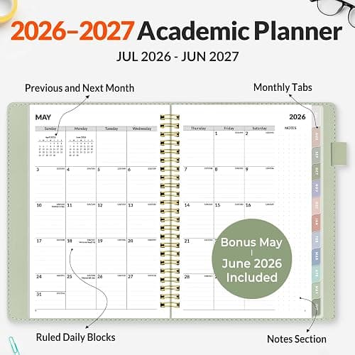 SUNEE 2026-2027 Weekly & Monthly Planner 6.4"x8.5" - 12 Month (July 2026 - June 2027), Vegan Leather Cover Planner Academic Year Calendar, Pocket, Notes, Monthly Tab, Green thumbnail 3