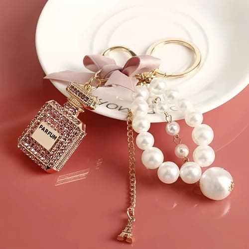 KASTANNY Elegant Pink Bow Keychain Set with Perfume Style Pendant, Luxury Perfume Bottle Shaped Pearl Keychain, car accessories for women or Bow Handbag Charms thumbnail 5