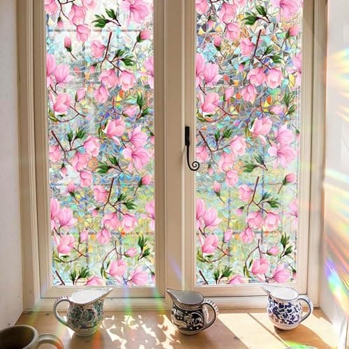 Fenster-Sichtschutzfolie, Regenbogen-Magnolien-Blume, Sonnenblockierung, 3D-Dekor, PVC, Buntglas-Fensteraufkleber, nicht klebend, statisch haftend für Zuhause, Büro, 42 x 100 cm thumbnail 5