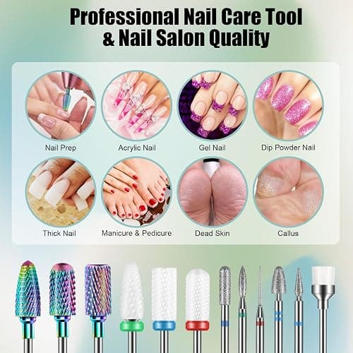 13PCS Nail Drill Bits Set, 3/32” Professional Drill Bits Nail Tech, Tungsten Carbide Diamond Ceramic Efile Nail Bits with Brush, Cuticle Remover Bits for Acrylic Gel Dip Powder Nail Manicure | 3/32” Diamond Ceramic Drill Bits Nail Tech, Two-Way Rotation, Remover Bits Manicure Pedicure Tools for Beginner & Pro thumbnail 7