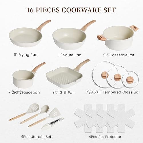 Kikcoin 16Pcs Pots and Pans Set Nonstick Ceramic Cookware Sets Induction Kitchen Cooking Set Non toxic Healthy Non Stick w/Grill Pan,Saute Pan, Ceramic White thumbnail 4