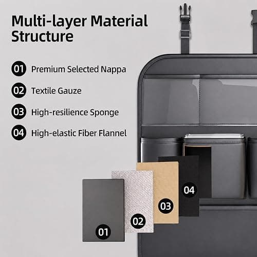 Leather Car Seat Back Organizer, Backseat Kick Mat Protector with Clear Touchscreen Tablet Holder, Cup Holder, Tissue Holder and Storage Pockets, Fits Cars SUVs Minivans, Black thumbnail 6