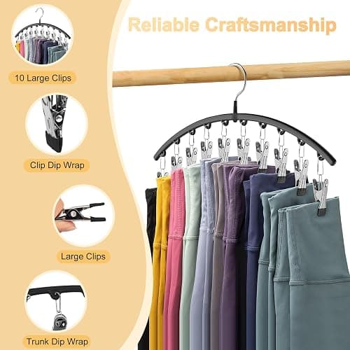 Volnamal Legging Organizer for Closet, Metal Yoga Pants Hangers 2 Pack w/10 Clips Holds 20 Leggings, Space Saving Hanging Closet Organizer w/Rubber Coated Closet Organizers and Storage, Black thumbnail 7