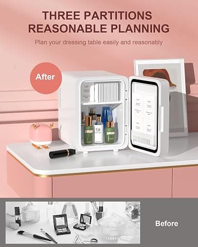 CUTIEWORLD Skincare Fridge with Dimmable LED Light Mirror, 4L Mini Fridge For Desktop, Travel or Cool & Heat, Makeup Fridge for Cosmetics, Skin Care and Food, White thumbnail 7