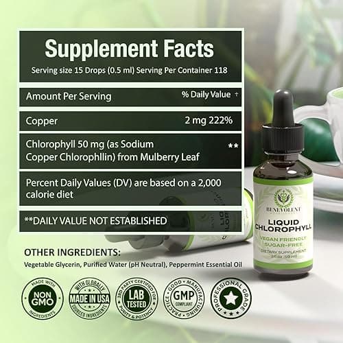 Benevolent Chlorophyll Liquid Drops with Copper for Max Absorption - Detox & Immune Support, Internal Deodorizer & Skin Health Supplement – 5900mg, Vegan, Natural Mint, 4 Month Supply - Liquid Chlorophyll thumbnail 4