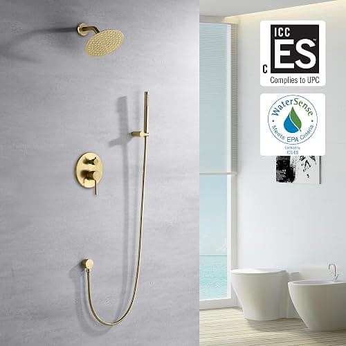 sumerain Brushed Gold Shower Faucet System with high pressure 8 Inches rain shower head and brass hand shower, Rough-In Valve Body and Trim Included - 2 Function - Brushed Gold thumbnail 2
