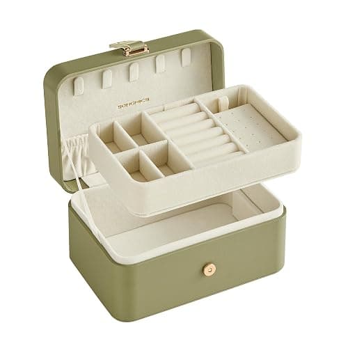 SONGMICS Schmuckkästchen Reise, Schmuckkasten klein, 2 Ebenen Schmuckaufbewahrung, tragbar, Schmuck-Reiseetui, für größere Accessoires, 11 x 16 x 8 cm, Geschenkidee, lorbeergrün JBC166C02 - Image 1