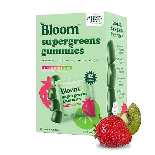 Bloom Super Greens Gummies, Daily Greens Superfood Fiber Gummies with Fruits, Vegetables, Vitamins & Minerals for Digestive & Gut Health, Bloating Support, Strawberry Kiwi, 12 Servings (48 Total) - Image 1