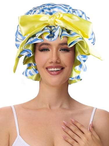 Vettres Silk Bonnet, Satin Hair Shower Cap for Sleeping Women 2025 Tie Band Adjustable Straps Head Wrap for Curly Hair Blue Stripe F thumbnail 3