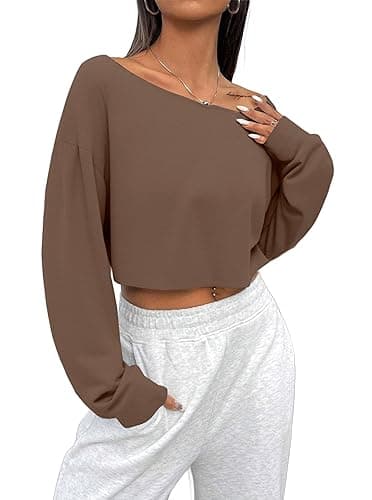 Avanova Women Off The Shoulder Crop Tops Long Sleeves Boat Neck Oversized Loose Tee Shirts - Small - Brown thumbnail 3