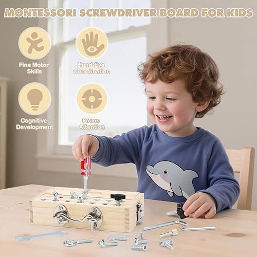 Vanplay Montessori Toys for 3 4 5 Year Olds, Montessori Screwdriver Board Set with Lock and Key - Kids Tool Set for Toddlers Travel, Fine Motor Skills Wooden Toys thumbnail 3
