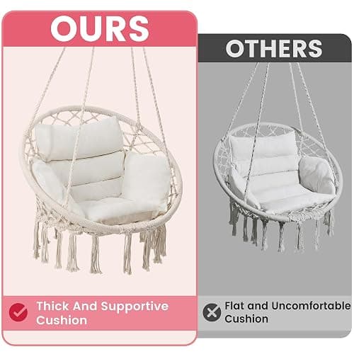 KROFEM Macrame Hammock Hanging Swinging Chair with Medium Cushion, Perfect for Bedroom, Porch, Adults, Balcony, Beige thumbnail 4