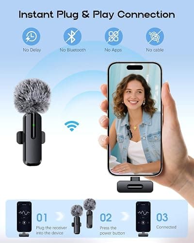 Wireless Mini Microphone for iPhone, Android - 2 Pack Lavalier Microphone for Video Recording, 2 In 1 Noise Reduction Lapel Mic for Ipad, Clip-on Mini Mic with USB-C for Content Creators Podcast thumbnail 6