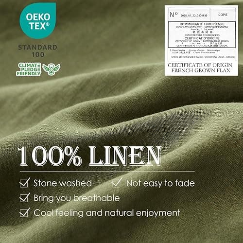Simple&Opulence 100% Linen Duvet Cover Set 3pcs Basic Style Natural French Washed Flax Solid Color Soft Breathable Farmhouse Bedding with Button Closure - Olive Green, Queen - Queen - Olive Green thumbnail 2