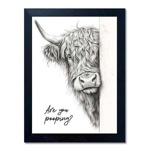 Funny Highland Cow Bathroom Wall Art - Rustic Farmhouse Wall Decor with Humorous Are You Pooping Canvas Print, Cute Animal Canvas Art for Restroom - Black Framed Cow Pictures Wall Decor Ready to Hang 8"x10" - Image 1