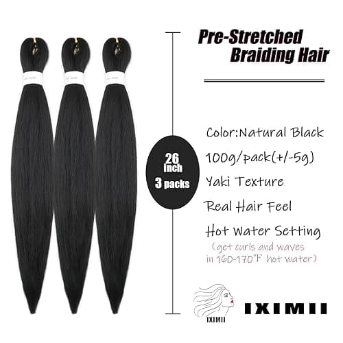 IXIMII Black Pre Stretched Braiding Hair 26 inch 3 packs #1B Prestretched Braids Hair Soft Straight Synthetic Braids Yaki Texture Hair Extensions thumbnail 2