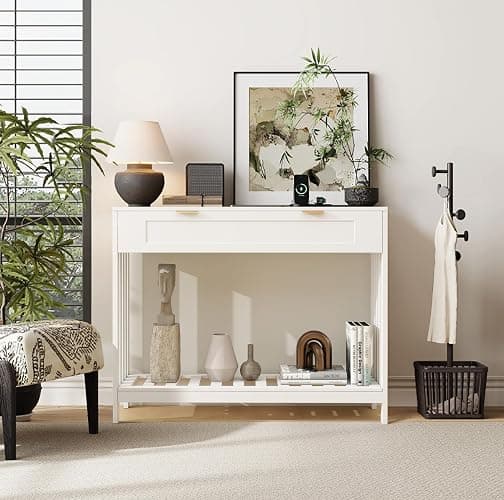 Entryway Table with Drawers Narrow Accent Sofa Table with Storage Shelf, Modern Wooden Console with Drawer Entry Table Storage Slats Shelf for Living Room,Entryway, Foyer, Hallway, White thumbnail 4