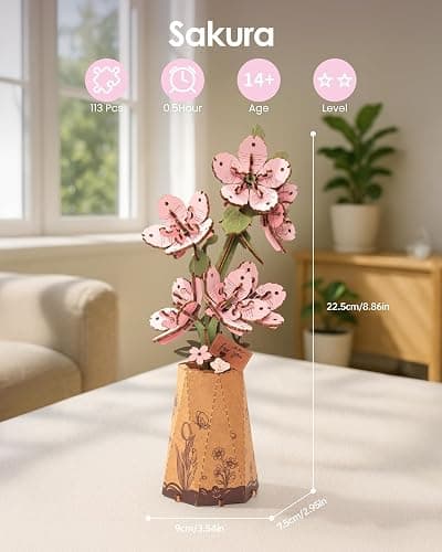 Rowood 3D Puzzles for Adults,DIY Wooden Cherry Blossom Bonsai Tree Botanical Collection Building Craft Kits for Women,Christmas/Birthday Gift- Sakura thumbnail 4